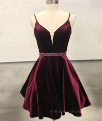 Party Dress A Line, Simple v neck velvet short burgundy prom dress, burgundy homecoming dress