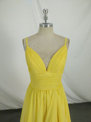 Prom Dress 2028, Simple V Neck Yellow Chiffon Long Prom Dress, Yellow Evening Dress