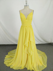 Prom Dresses Classy, Simple V Neck Yellow Chiffon Long Prom Dress, Yellow Evening Dress