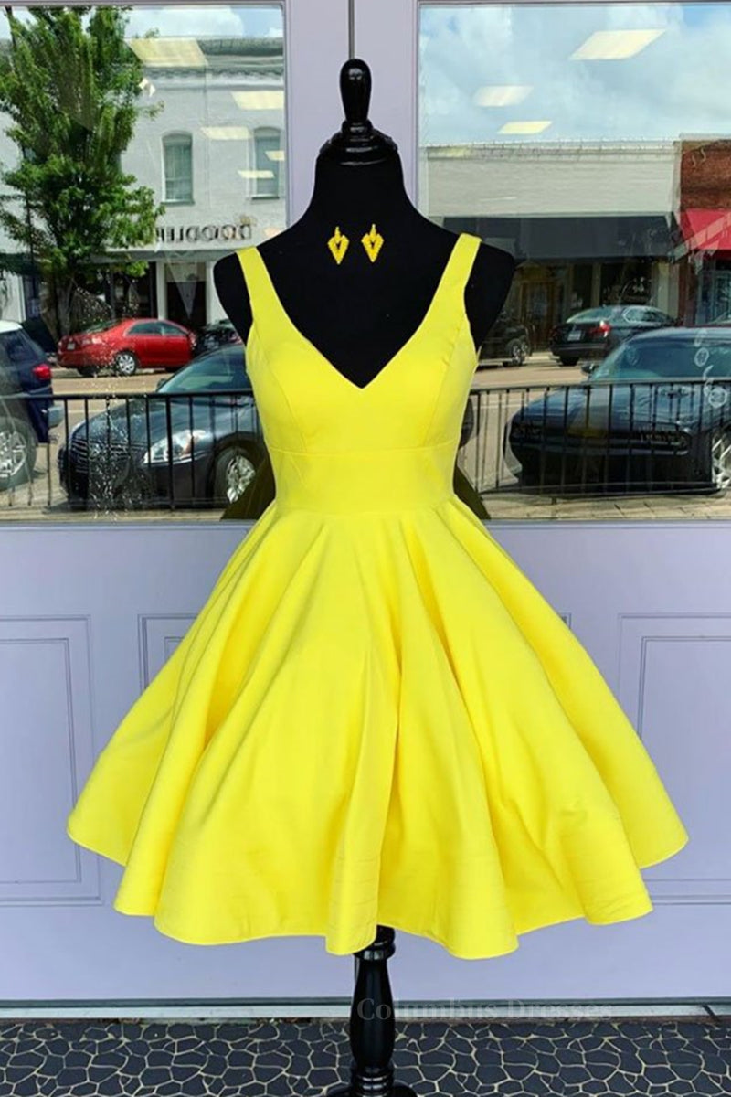 Party Dress Code, Simple V Neck Yellow Short Prom Dress, V Neck Yellow Homecoming Dress, Yellow Graduation Formal Evening Dress