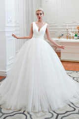 Wedding Dress Prices, Simple White A Line V Neck Open Back Tulle Wedding Dresses