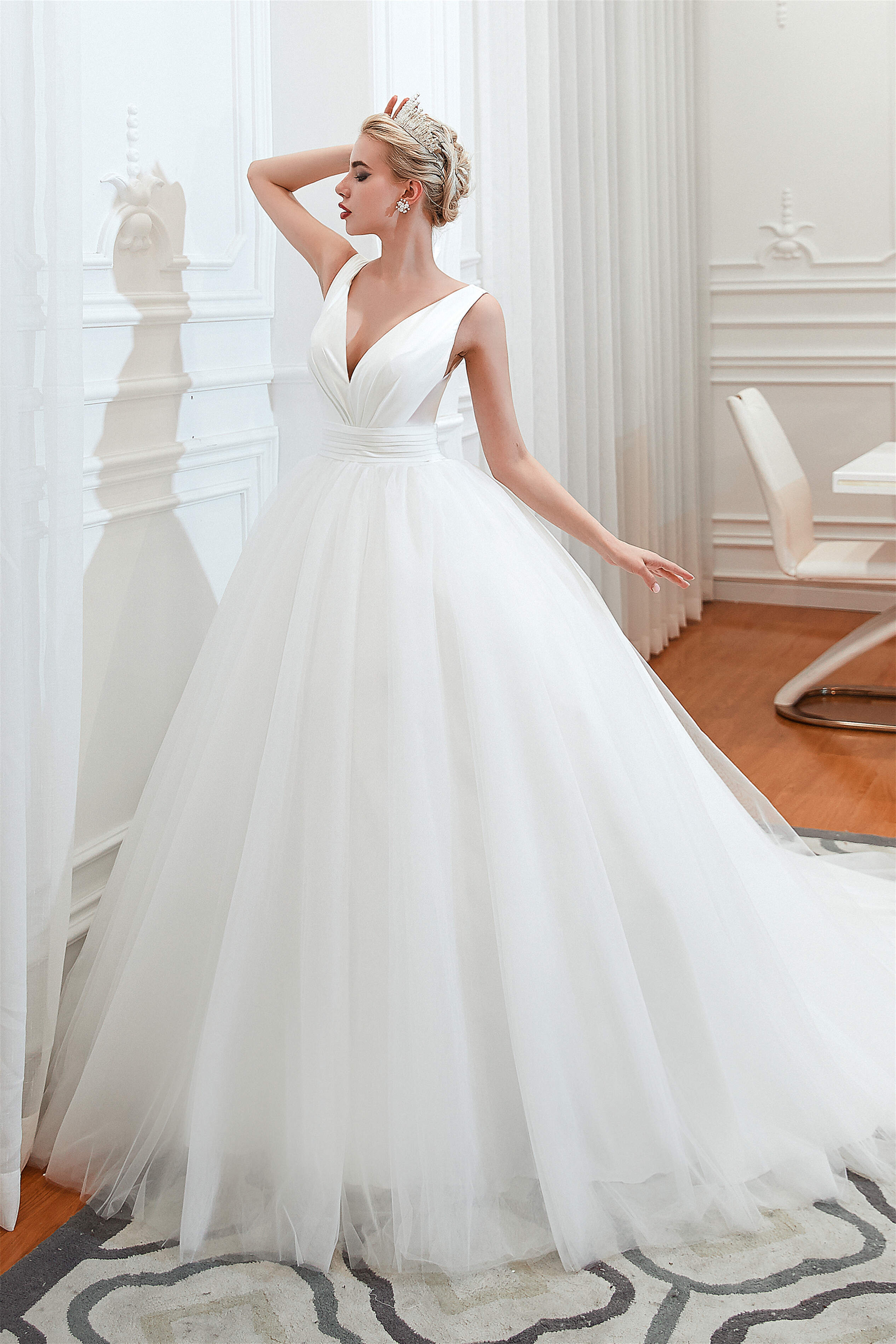 Wedding Dresses Price, Simple White A Line V Neck Open Back Tulle Wedding Dresses