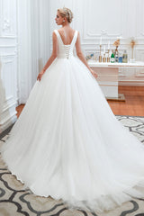Wedding Dresses Prices, Simple White A Line V Neck Open Back Tulle Wedding Dresses