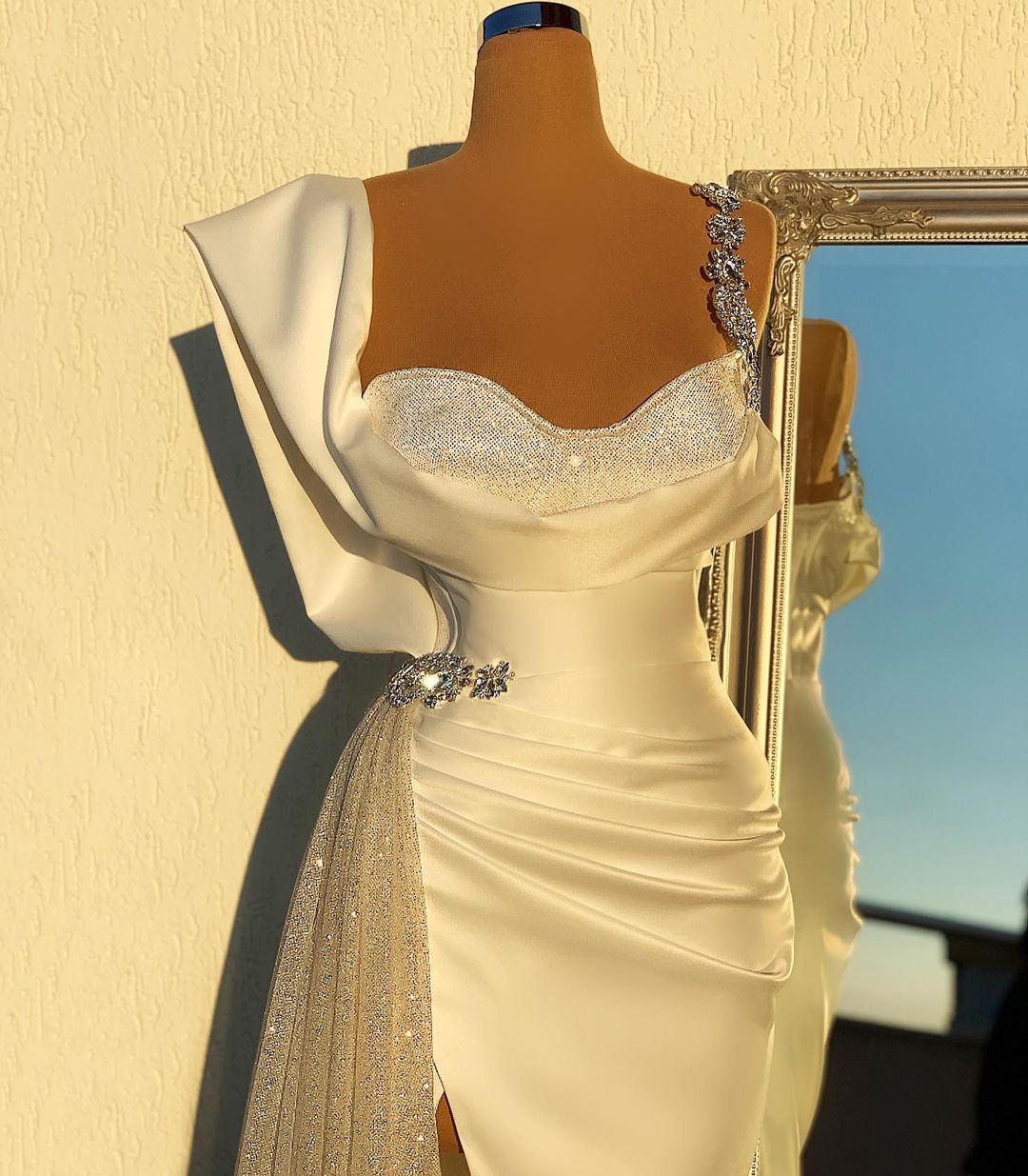 Light Blue Dress, Simple White Long Mermaid Spaghetti Straps Beading Tulle Prom Dress With Slit
