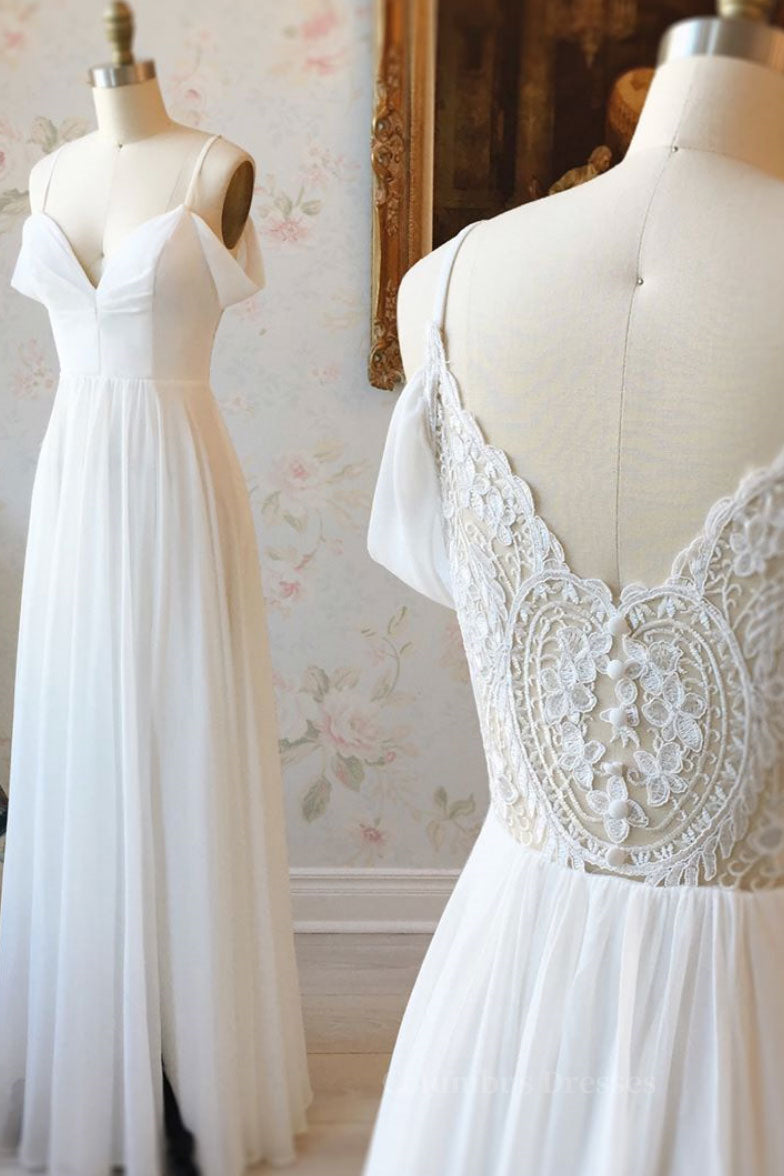 Homecoming Dresses 2050, Simple white off shoulder chiffon lace long prom dress evening dress