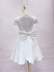 Mini Dress Formal, Simple White V Neck Lace Short Prom Dress, White Bridesmaid Dress