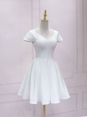Prom Dress Pink, Simple White V Neck Lace Short Prom Dress, White Bridesmaid Dress