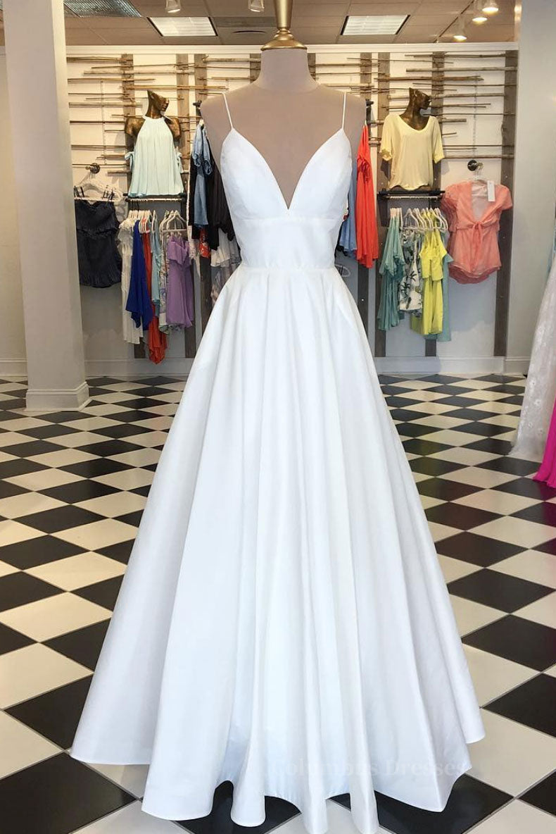 Bridesmaid Dresses Chiffon, Simple white v neck satin long prom dress white evening dress