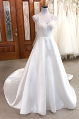 Wedding Dress Online Shopping, Simple white v neck satin long wedding dress white bridal dress