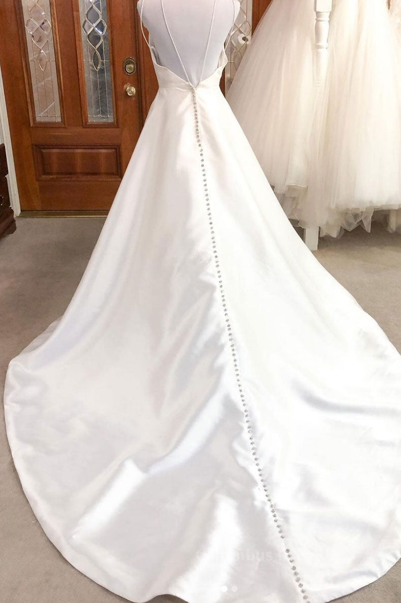 Wedding Dresses Online Shop, Simple white v neck satin long wedding dress white bridal dress