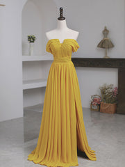 Mermaid Wedding Dress, Simple Yellow Off Shoulder Long Prom Dress, Yellow Chiffon Graduation Dresses