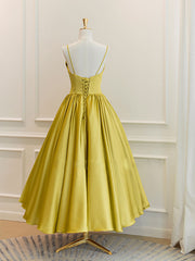 Party Dress New Look, Simple Yellow Satin Tea Length Prom Dress, Yellow Homecoming Dress