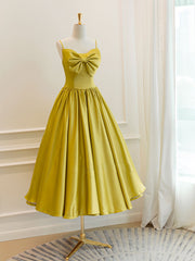 Party Dress For Wedding, Simple Yellow Satin Tea Length Prom Dress, Yellow Homecoming Dress