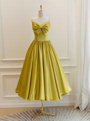Party Dress Cocktail, Simple Yellow Satin Tea Length Prom Dress, Yellow Homecoming Dress