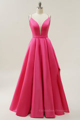 Prom Dresses Blue Light, Simply Hot Pink A-line Straps Long Gown