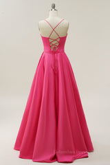 Prom Dress Corset Ball Gown, Simply Hot Pink A-line Straps Long Gown