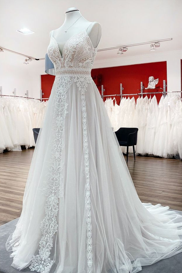 Wedding Dress Diet, Simply Long A-line Tulle Lace Open Back Wedding Dresses