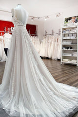 Wedding Dresses Girls, Simply Long A-line Tulle Lace Open Back Wedding Dresses
