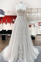 Wedding Dress Shoulders, Simply Long A-line Tulle Lace Open Back Wedding Dresses
