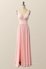 Prom Dress V Neck, Simply Pink Empire A-line Maxi Dress with Slit
