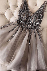 Backless Prom Dress, Luxurious Sequins Beaded V Neck Tulle Short V Back Gray Prom Dress, Homecoming Dress