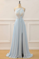 Bridesmaid Dress Fall Colors, Sky Blue A-line Bateau Tulle 3D Applique Long Prom Dress