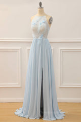 Bridesmaid Dresses Orange, Sky Blue A-line Bateau Tulle 3D Applique Long Prom Dress