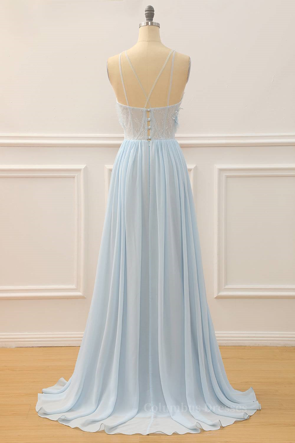 Bridesmaid Dressing Gown, Sky Blue A-line Bateau Tulle 3D Applique Long Prom Dress