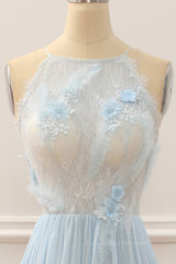 Bridesmaid Dress Gown, Sky Blue A-line Bateau Tulle 3D Applique Long Prom Dress