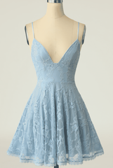 Party Dress Website, Sky Blue A-line V Neck Lace-Up Back Lace Mini Homecoming Dress