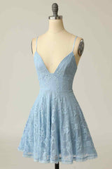 Party Dresses Website, Sky Blue A-line V Neck Lace-Up Back Lace Mini Homecoming Dress