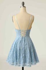 Party Dresses Websites, Sky Blue A-line V Neck Lace-Up Back Lace Mini Homecoming Dress