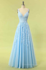 Unique Prom Dress, Sky Blue A-line V Neckline Applique Tulle Long Prom Dress
