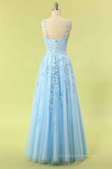 Gold Dress, Sky Blue A-line V Neckline Applique Tulle Long Prom Dress