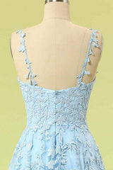 Beach Dress, Sky Blue A-line V Neckline Applique Tulle Long Prom Dress
