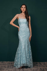 Party Dresses Teens, Sky Blue Backless Long Lace Spaghetti Straps Prom Dresses