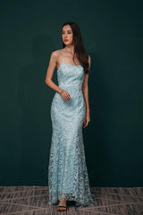 Party Dress Teen, Sky Blue Backless Long Lace Spaghetti Straps Prom Dresses