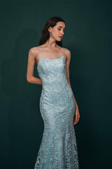 Party Dress Look, Sky Blue Backless Long Lace Spaghetti Straps Prom Dresses