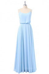 Party Dresses For Short Ladies, Sky Blue Blouson Bodice Chiffon Long Bridesmaid Dress
