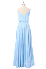 Party Dresses Mini, Sky Blue Blouson Bodice Chiffon Long Bridesmaid Dress