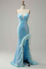 Pink Dress, Sky Blue Mermaid Strapless Sparkly Long Formal Dress