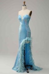 Black Prom Dress, Sky Blue Mermaid Strapless Sparkly Long Formal Dress