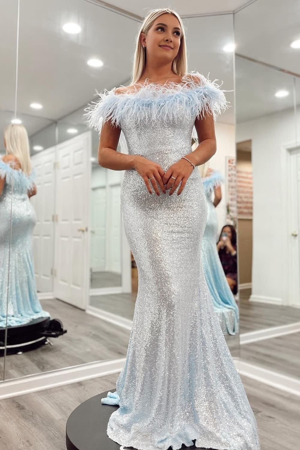 Sky Blue Sequin Mermaid Prom Dress with Feather