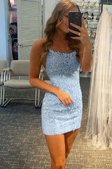Sky Blue Short Tight Homecoming Dress with Lace Beading
