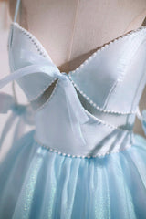 Prom Dresse Long, Sky Blue Spaghetti Straps Party Dress, Cute A-Line Tulle Homecoming Dress