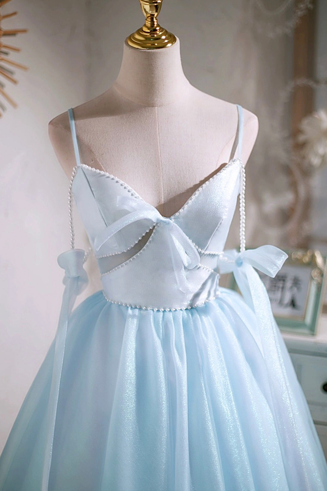 Prom Dressed Long, Sky Blue Spaghetti Straps Party Dress, Cute A-Line Tulle Homecoming Dress