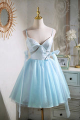 Prom Dresses Store, Sky Blue Spaghetti Straps Party Dress, Cute A-Line Tulle Homecoming Dress