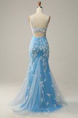 Bridesmaids Dresses Chiffon, Sky Blue Straps Mermaid Appliques Cut-Out Long Prom Dress with Slit
