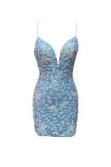 Prom Dress Fabric, Cute Bodycon V Neck Blue Lace Homecoming Dresses