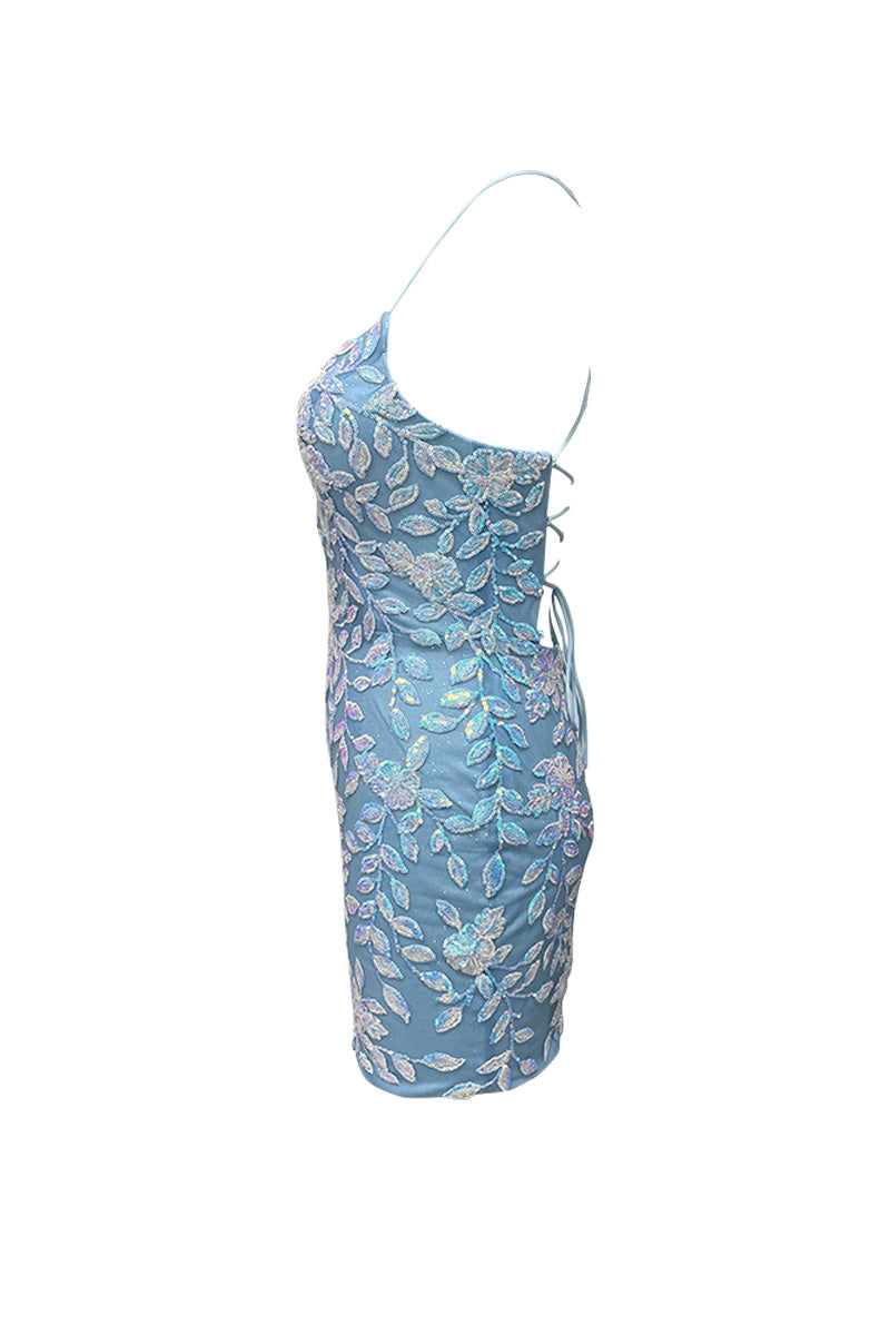 Prom Dress Boutiques, Cute Bodycon V Neck Blue Lace Homecoming Dresses